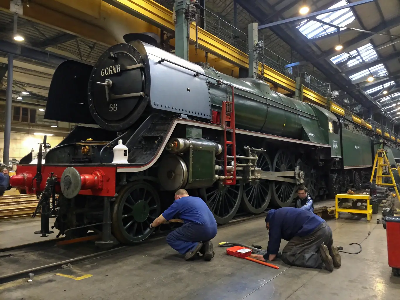 A photograph capturing volunteers meticulously cleaning and restoring the exterior of a BB 25500 locomotive, highlighting the dedication and care involved in preserving railway heritage.