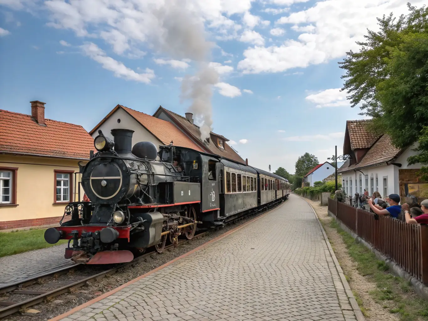 A vintage train, pulled by a restored electric locomotive, winds its way through scenic countryside, offering passengers a unique and immersive experience of railway heritage.