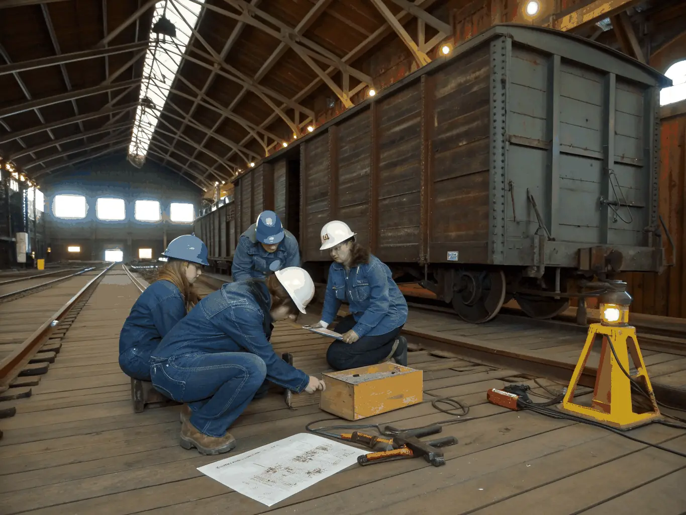 A group of enthusiastic volunteers are gathered around a vintage train carriage, carefully cleaning and repairing its interior, showcasing their dedication to preserving railway heritage.